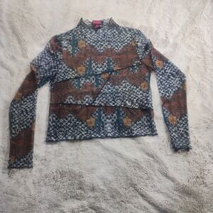 Rock & Roll Denim Sheer Mock Neck Long Sleeve Medium Cactus Desert Southwest